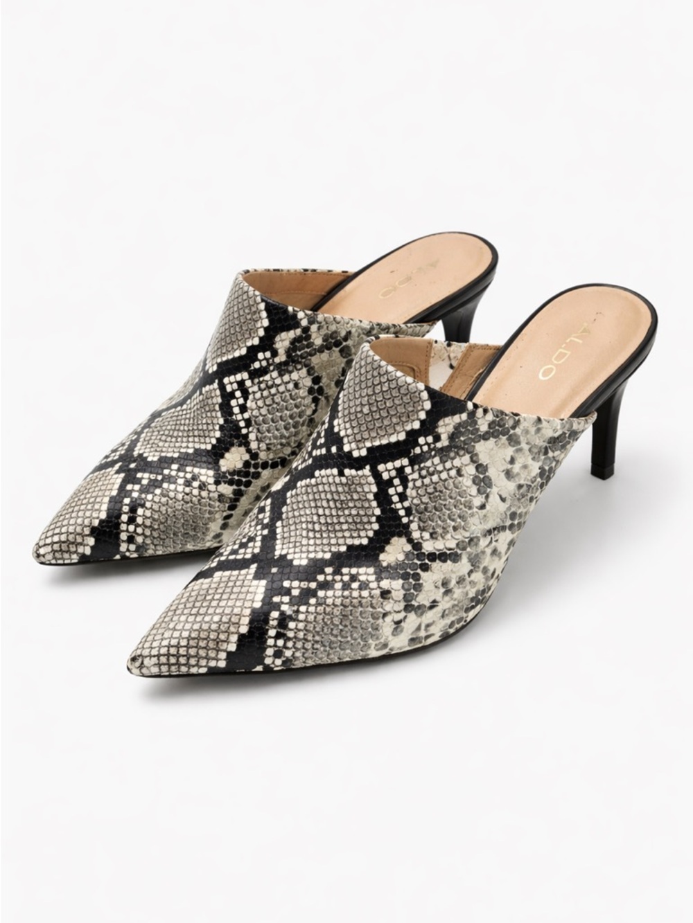 ALDO Women's Snake-Print Pointed Toe Mule Heels in Black and Cream